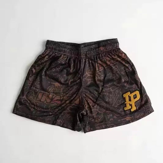 IP Brown Retro All-Over Pattern Graffiti Mesh Shorts