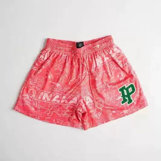 IP Red Retro All-Over Pattern Graffiti Mesh Shorts