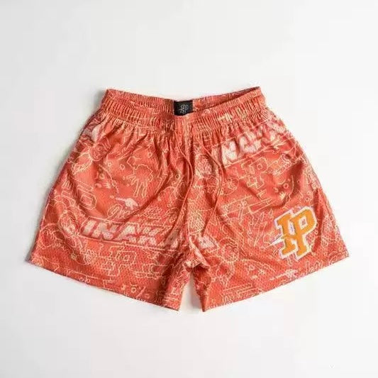IP Orange Retro All-Over Pattern Graffiti Mesh Shorts