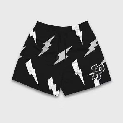 Lightning Bolt Print Black Mesh Shorts