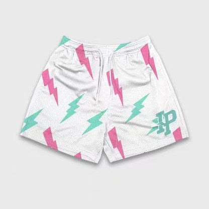 Lightning Bolt Print White Mesh Shorts