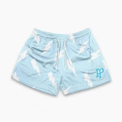 Lightning Bolt Print Light Blue Mesh Shorts