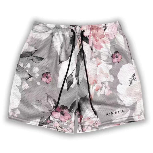 Minimalist Modern Watercolor Floral Mesh Shorts - Grey Pink