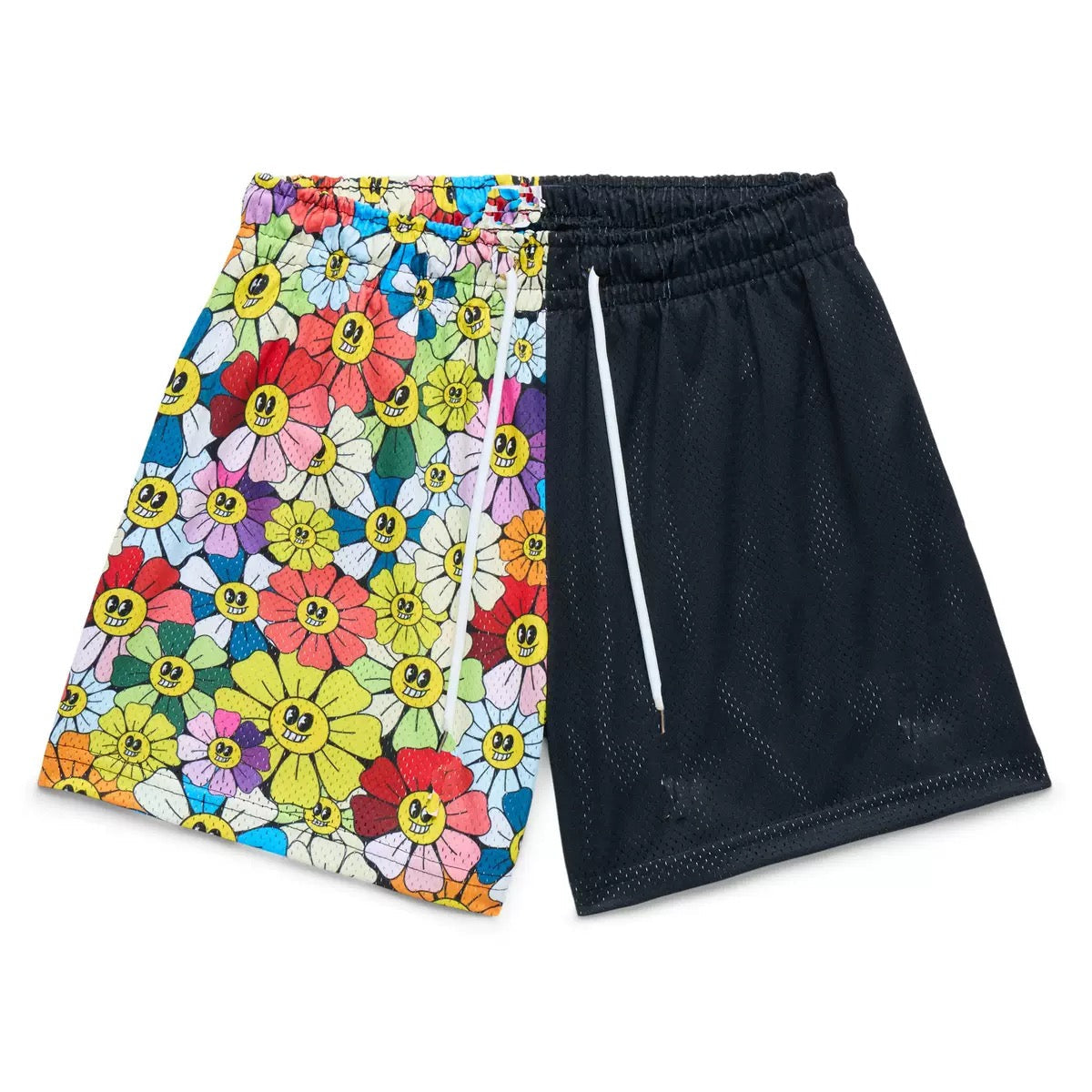 Split Smiley Daisy Black Mesh Shorts