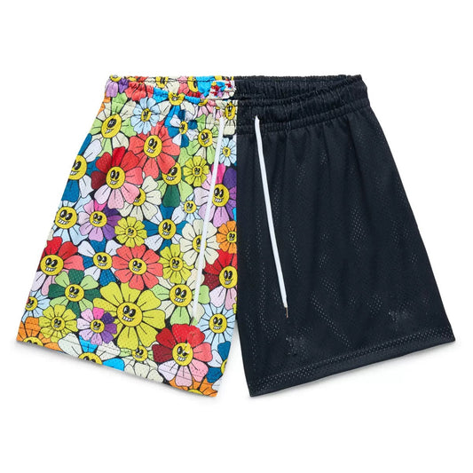 Split Smiley Daisy Black Mesh Shorts